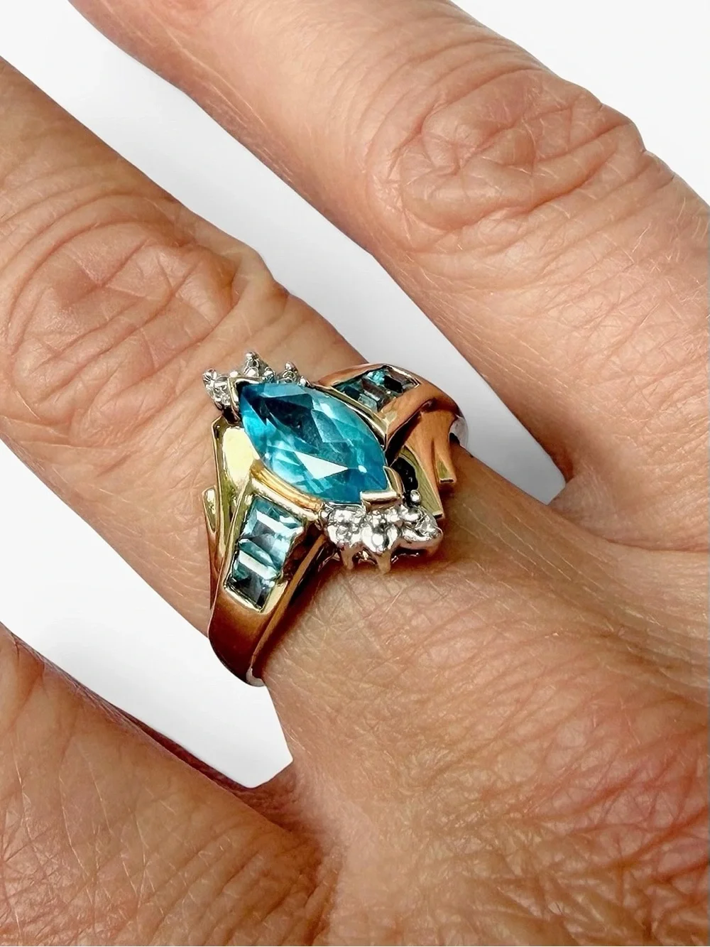 Gold 10K Ring with Marquise Blue Topaz Stone and Diamond Accents Ring Size 7